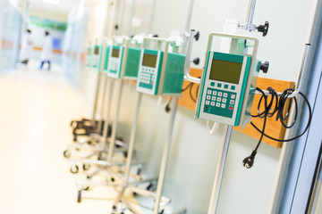 Infusion pumps in a hospital corridor