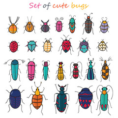 Obraz premium Set of 25 cute color cartoon insects in vector. Bugs doodle