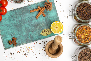Spices and herbs. Food, cuisine ingredients, cinnamon, clove, anise, lemon
