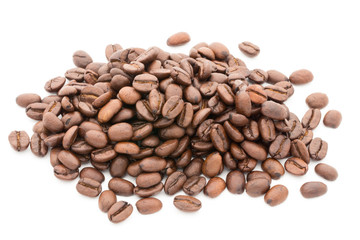 Coffee grains and leaves isolated on the white backgrounds.