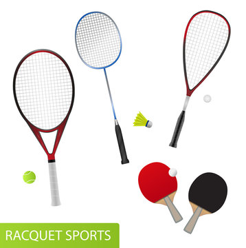 Set of racquet sports - equipment for tennis, table tennis, badminton and squash - rackets and balls