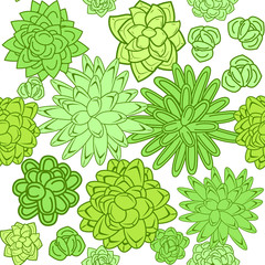 Succulent garden dense monochrome line doodle seamless pattern. Outline green plants and flowers repeatable ornament for fabric and cards.