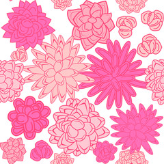 Succulent garden dense monochrome line doodle seamless pattern. Outline pink rose plants and flowers repeatable ornament for fabric and cards.