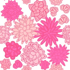 Poster Sappige tuin dichte monochrome doodle naadloze lijnpatroon. Schets roze rozenplanten en bloemen herhaalbaar ornament voor stof en kaarten. © YoPixArt