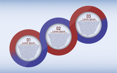 Three steps circular infographic. Three steps rounded connected infographic. Infographic with place for text Half tone background effect.