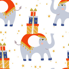 Naklejka premium Cute little elephant, blue and gold, flat style, hand drawn graphic artwork.Baby circus elephant balance with gift.Sketch ready for postcard or poster.Seamless pattern.