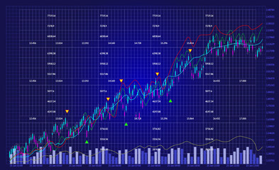 Business chart with line graph and stock numbers on dark blue background (vector)