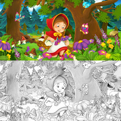 Cartoon scene on a happy girl inside colorful forest - with coloring page - illustration for children