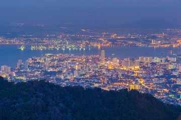 Fototapeta na wymiar Top view of Georgetown, capital of Penang Island, Malaysia from top of Penang hill.