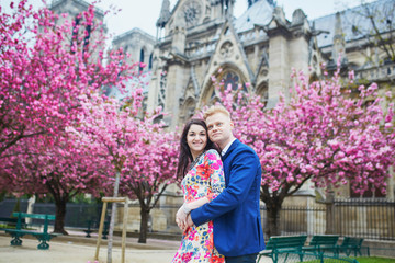 Romantic couple in Paris on a spring day