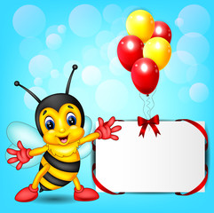 illustration of cute bee cartoon with baloon