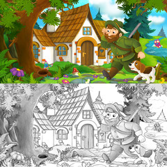 Obraz na płótnie Canvas Cartoon scene with a hunter walking towards beautiful old house with his dog - with coloring page - illustration for children