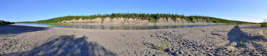 Panoramic landscape polar river in the Urals.