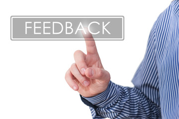 Obraz premium Businessman pressing digital app icon - feedback