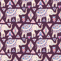 Indian ornate elephant watercolor with tribal elements seamless pattern