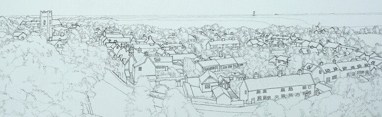 Ink line drawing a panoramic view of Orford in Suffolk England