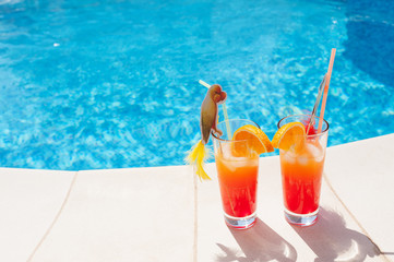 Fresh watermelon juice cocktail near the swimming pool