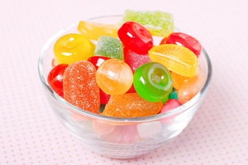 colorful candies in a bowl on a table