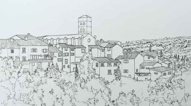 Ink line drawing of Montolieu Languedoc-Roussillon France.