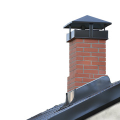 Red Brick Chimney, Grey Steel Tile Roof Texture, Gray Tiled Roofing, Large Detailed Isolated...