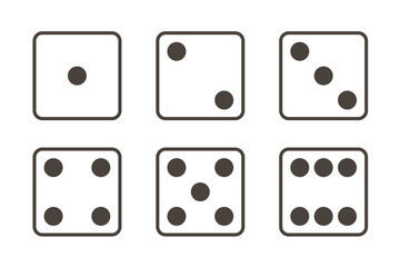 Outlined black and white dice icons. Six dice vector illustration. Dice icons.
