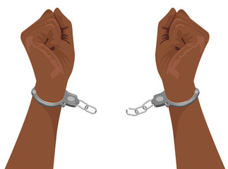 hands of african american man breaking steel handcuffs