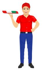 pizza delivery man holding cardboard wrapped in the Italian flag