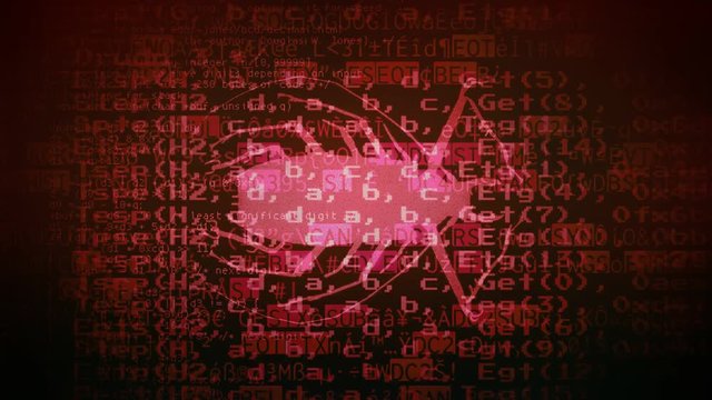 The silhouette of an evil bug (an insect) appearing over a stream of messy computer source code. Red tonal range.
