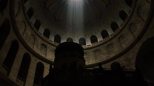 A beam of light moving over the Aedicule in the Holy Sepulcher Church in Jerusalem.
