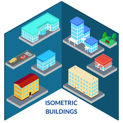 vector illustration. set of icons of the city's buildings - house, shop, hospital, road, car, tree, bench. infographics, isometric