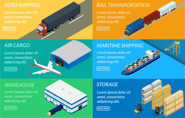 vector illustration. web banners set of logistics chain. Delivery by truck, airplane, ship, freight train. Warehouse, forklift. isometric, infographic