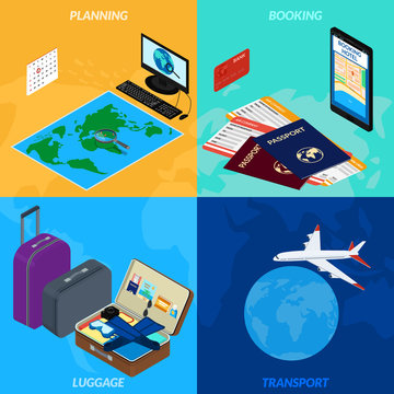 Vector illustration. travel  infographic . World map, magnifying glass, computer, Luggage, a plane. the isometry. 3D. A set of icons.