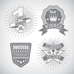 Set of hipster emblem about design number one first place winner ribbon. Monochrome graphic style