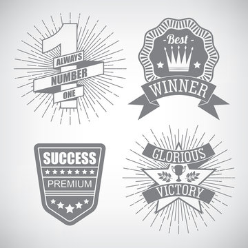 Set of hipster emblem about design number one first place winner ribbon. Monochrome graphic style