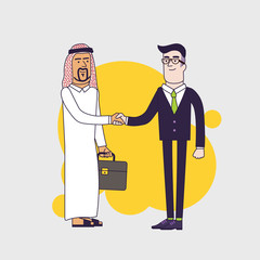 Arab person shaking hands with a businessman. Business concept cartoon illustration. Linear flat design