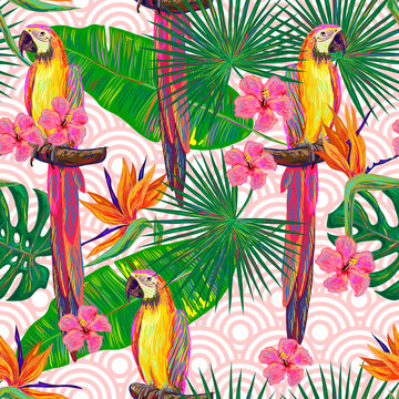 Seamless jungle pattern with parrot exotic bird, palm leaves, tropical hibiscus flower vector background. Perfect for wallpapers, pattern fills, web page backgrounds, surface textures, textile
