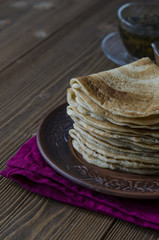 Pancakes with caramel sauce for breakfast    