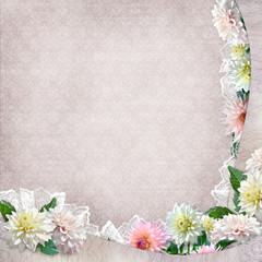 Beautiful border with flowers, lace on vintage background 