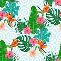 Fotobehang Tropische Bladeren Seamless summer pattern with tropical exotic flowers and palm and banana leaves vector background. Perfect for wallpapers, pattern fills, web page backgrounds, surface textures, textile  © Katsiaryna Hatsak