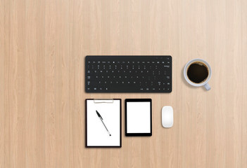 Office business top view image for mock up. Wooden background