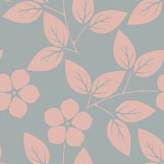 Stylish endless pattern with pink flowers and leaves on grey bac