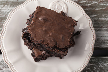 Decadent dark chocolate chip brownie top view
