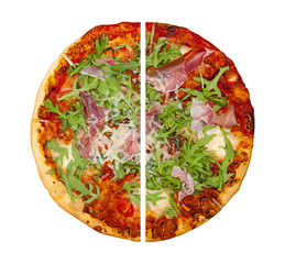 Pizza cut in two pieces isolated on white background