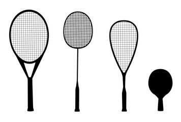 silhouettes of racquet sports - rackets for tennis, table tennis, badminton and squash