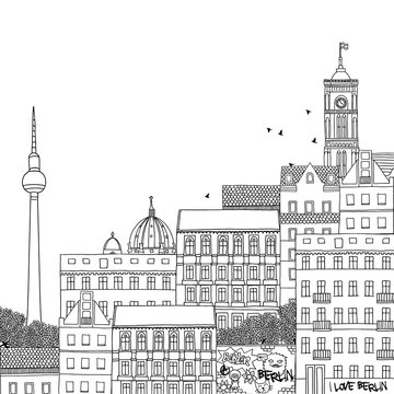 Hand drawn black and white illustration of Berlin