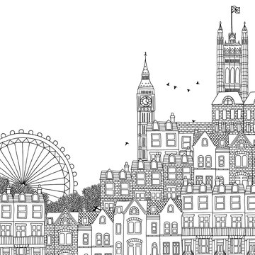Hand drawn black and white illustration of London