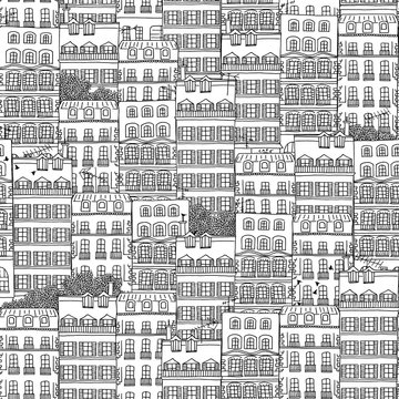 Hand drawn seamless pattern of French style houses