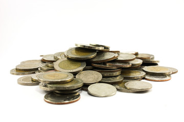 Close up of a stock of thai coins, isolated on a white background