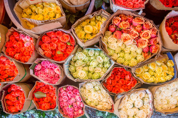 Colorful bouquets of flowers for sale at the flower market