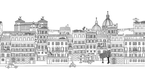 Seamless banner of Rome's skyline, hand drawn black and white illustration - 108830467